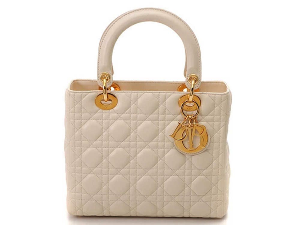 Christian Dior Lady Cannage Handbag Leather Ivory White Shoulder Bag